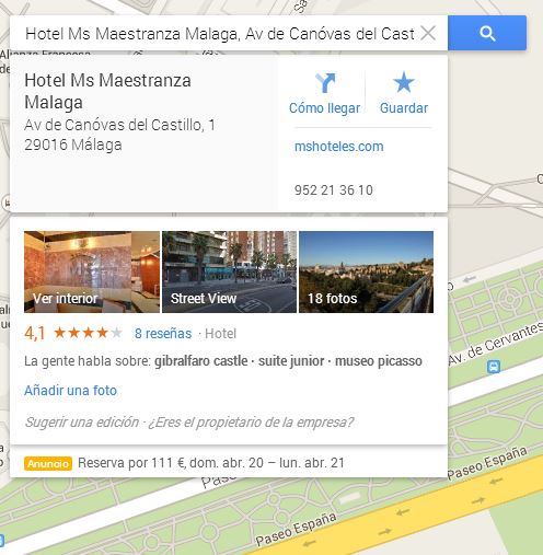 Captura de búsqueda de hotel en Google Maps